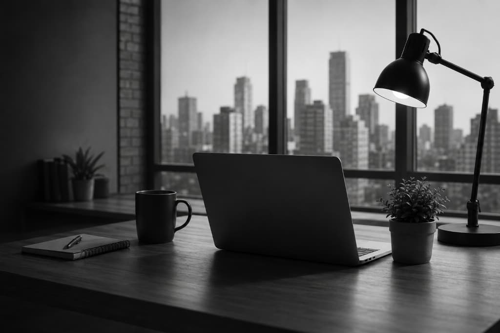 Modern workspace with laptop overlooking a city skyline